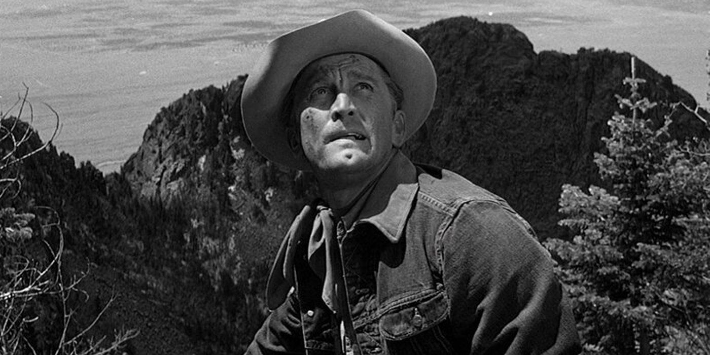 Kirk Douglas looking up in Lonely are the Brave