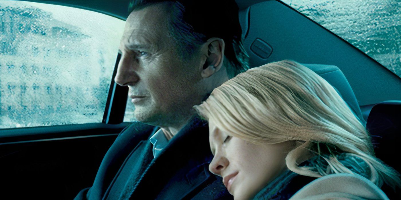 Liam Neeson and January Jones sit in a car in Unknown