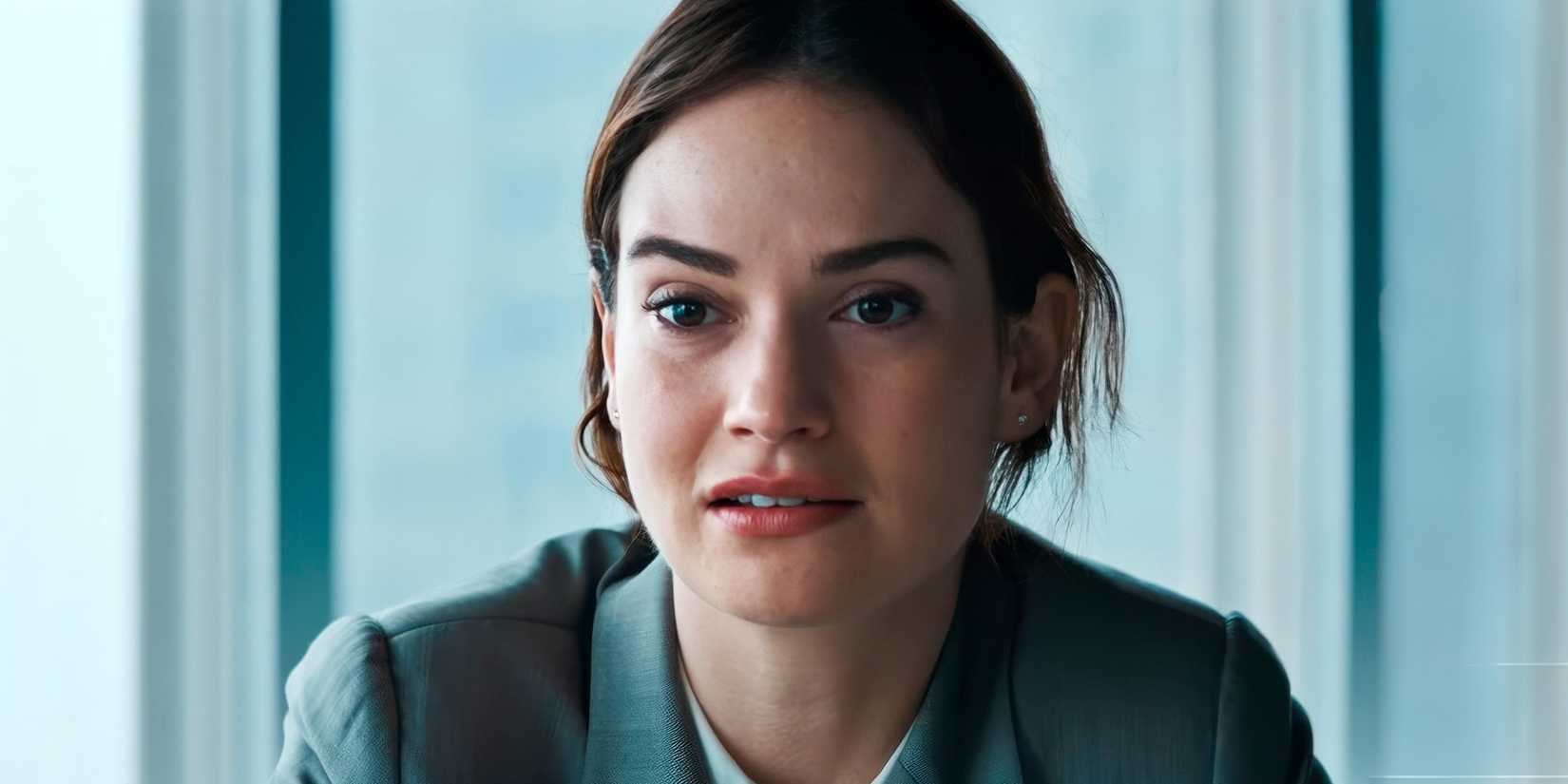 Lily James looking dazed in the Relay movie trailer
