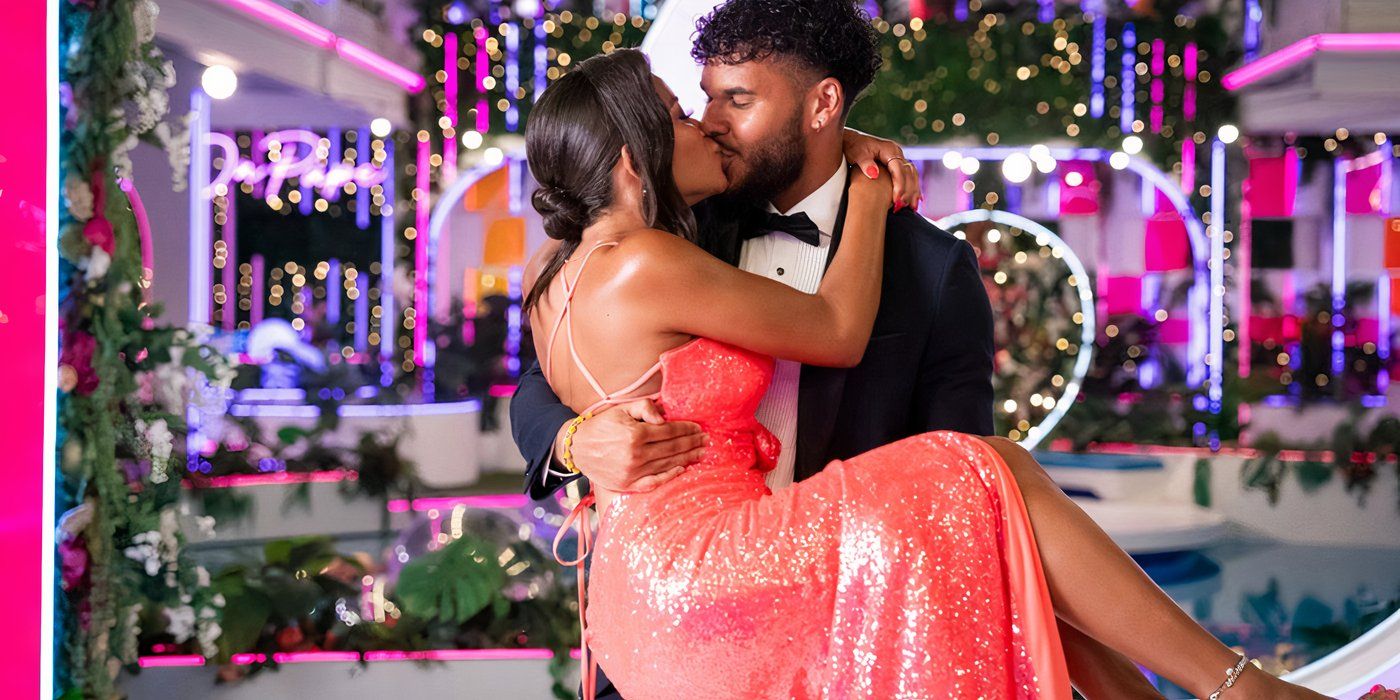 Love Island USA Season 7 winners Amaya Espinal & Bryan Arenales kissing in the villa.