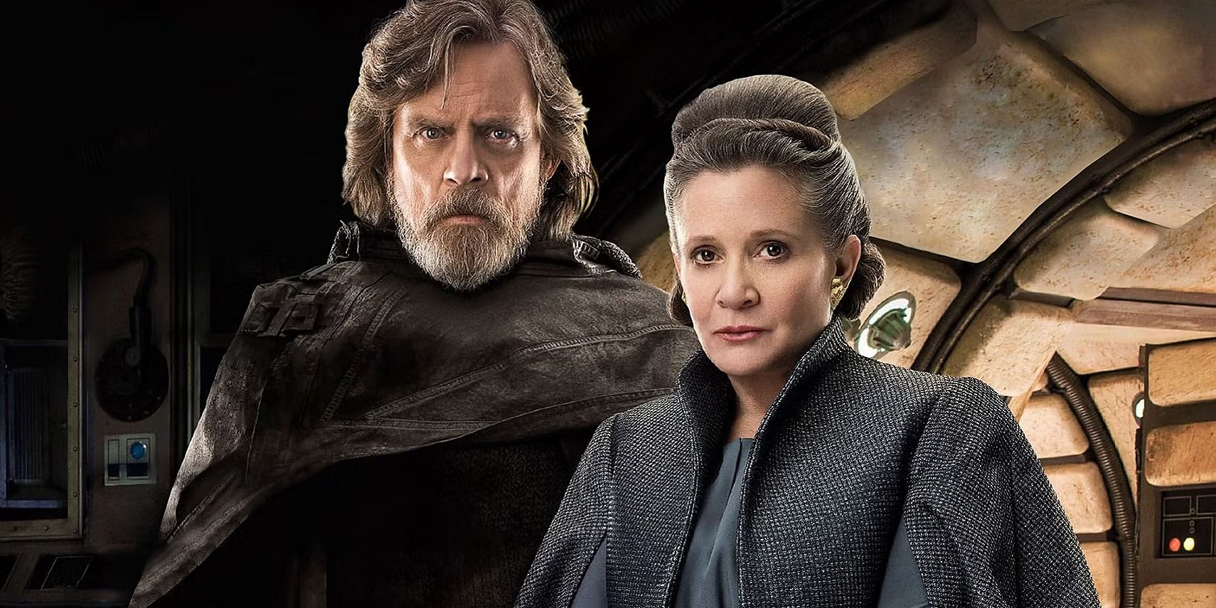 Luke Skywalker and Leia Organa standing side-by-side in a promotional shot for The Last Jedi