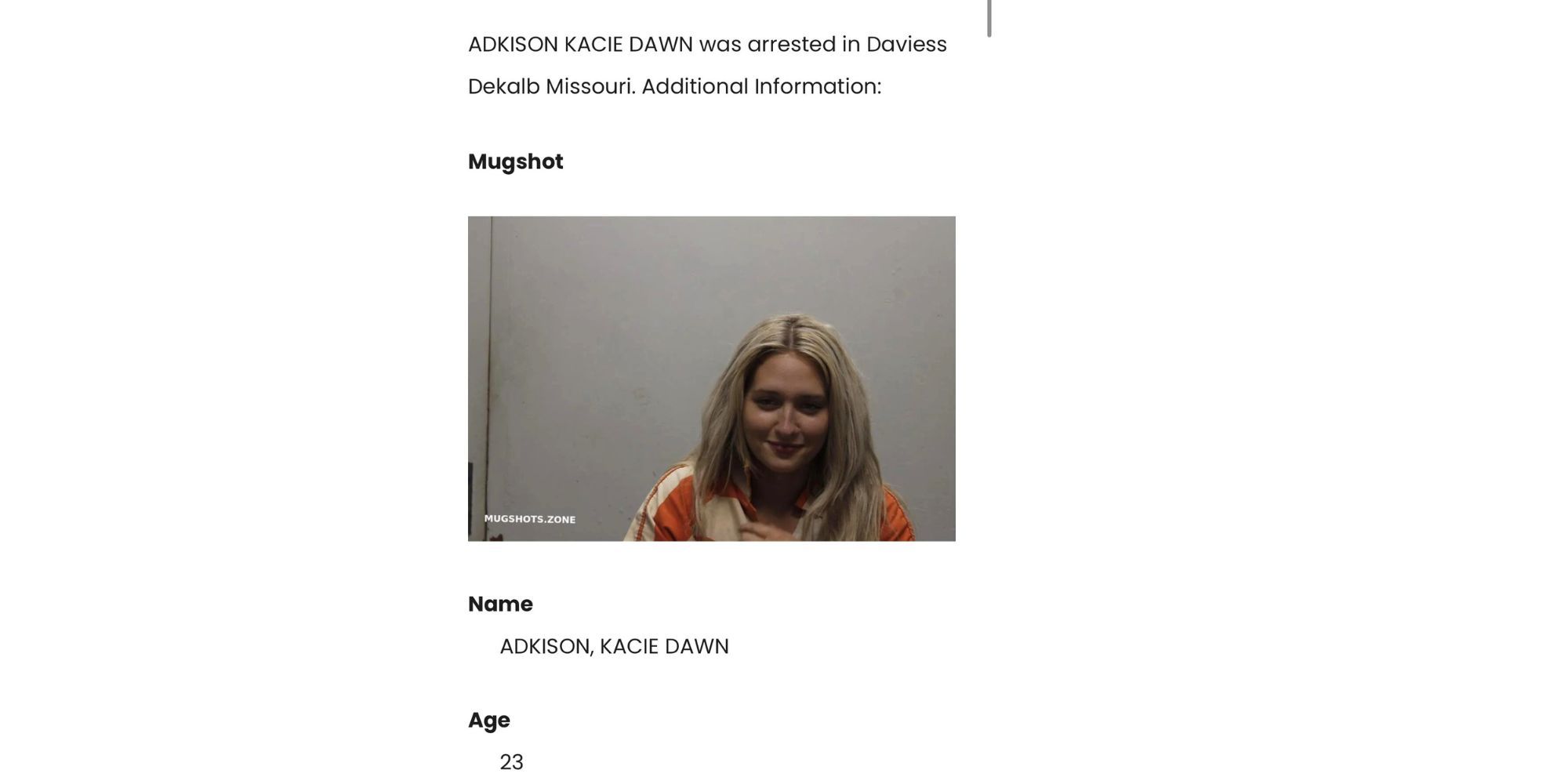 McBee Dynasty Kacie Adkison smiling in mug shot with arrest info