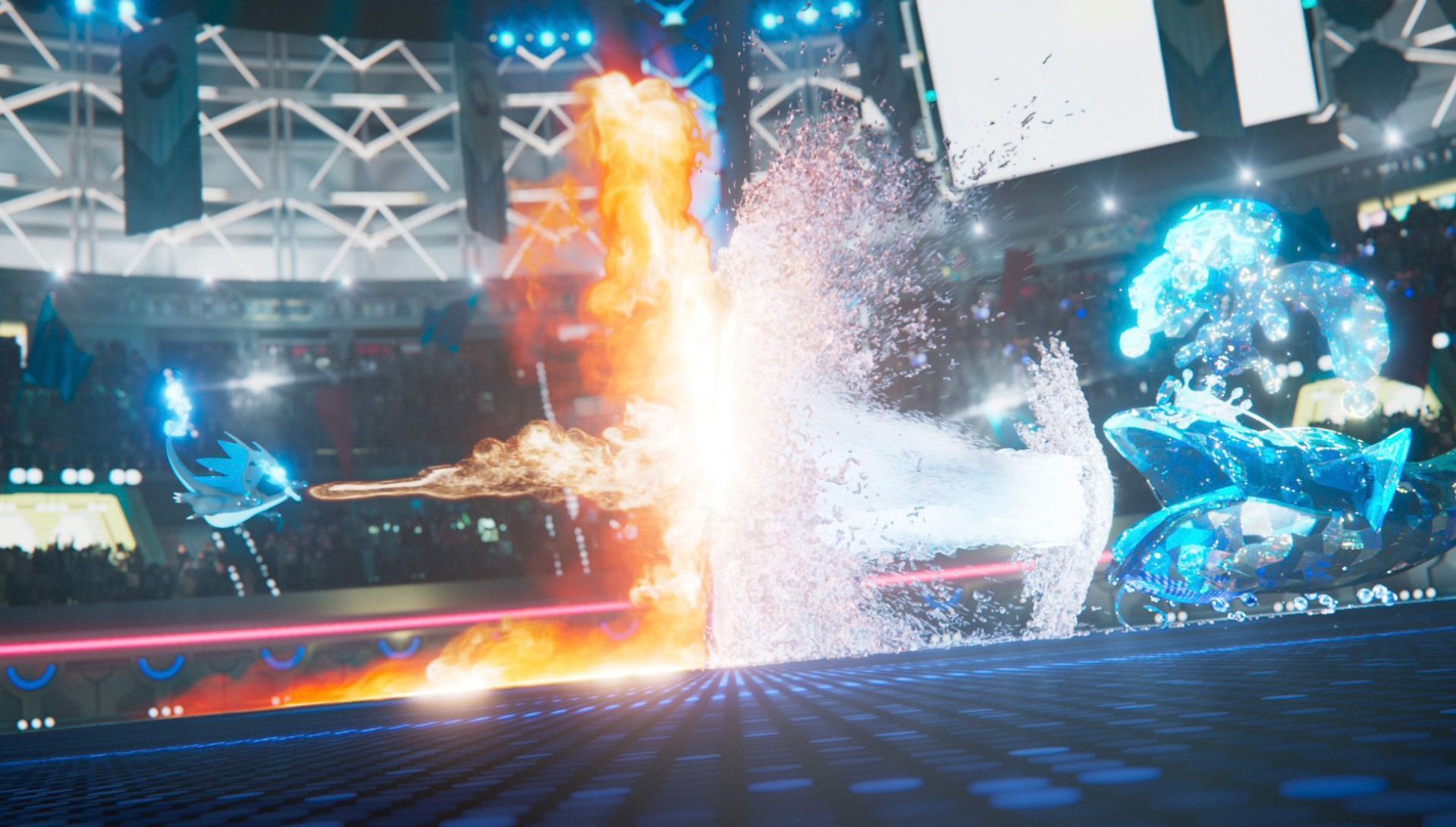 Mega Charizard X shooting fire at Dodonzo who is shooting water in Pokemon Champions