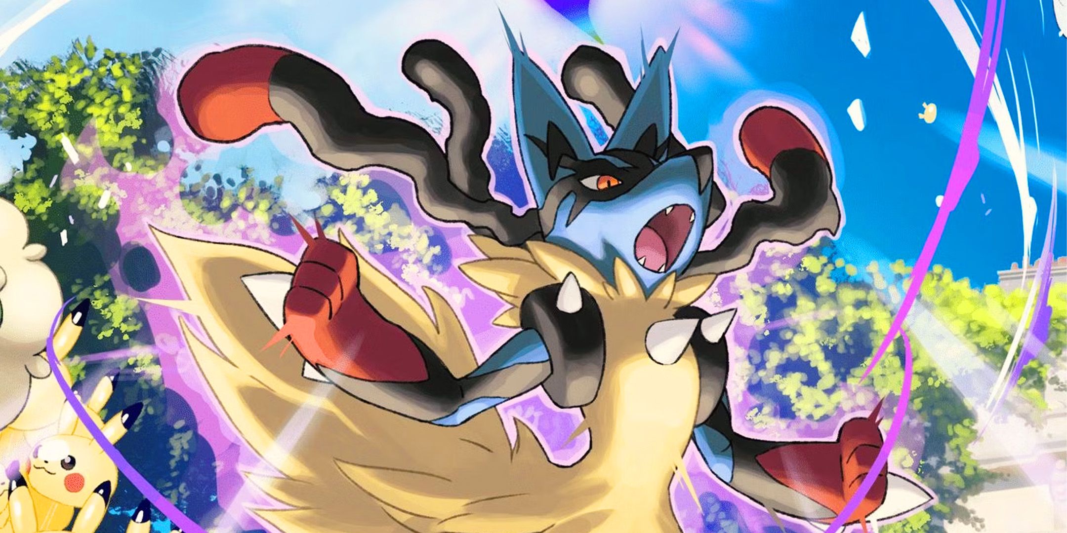 Una Mega Lucario mostra il suo potere in Pokémon.