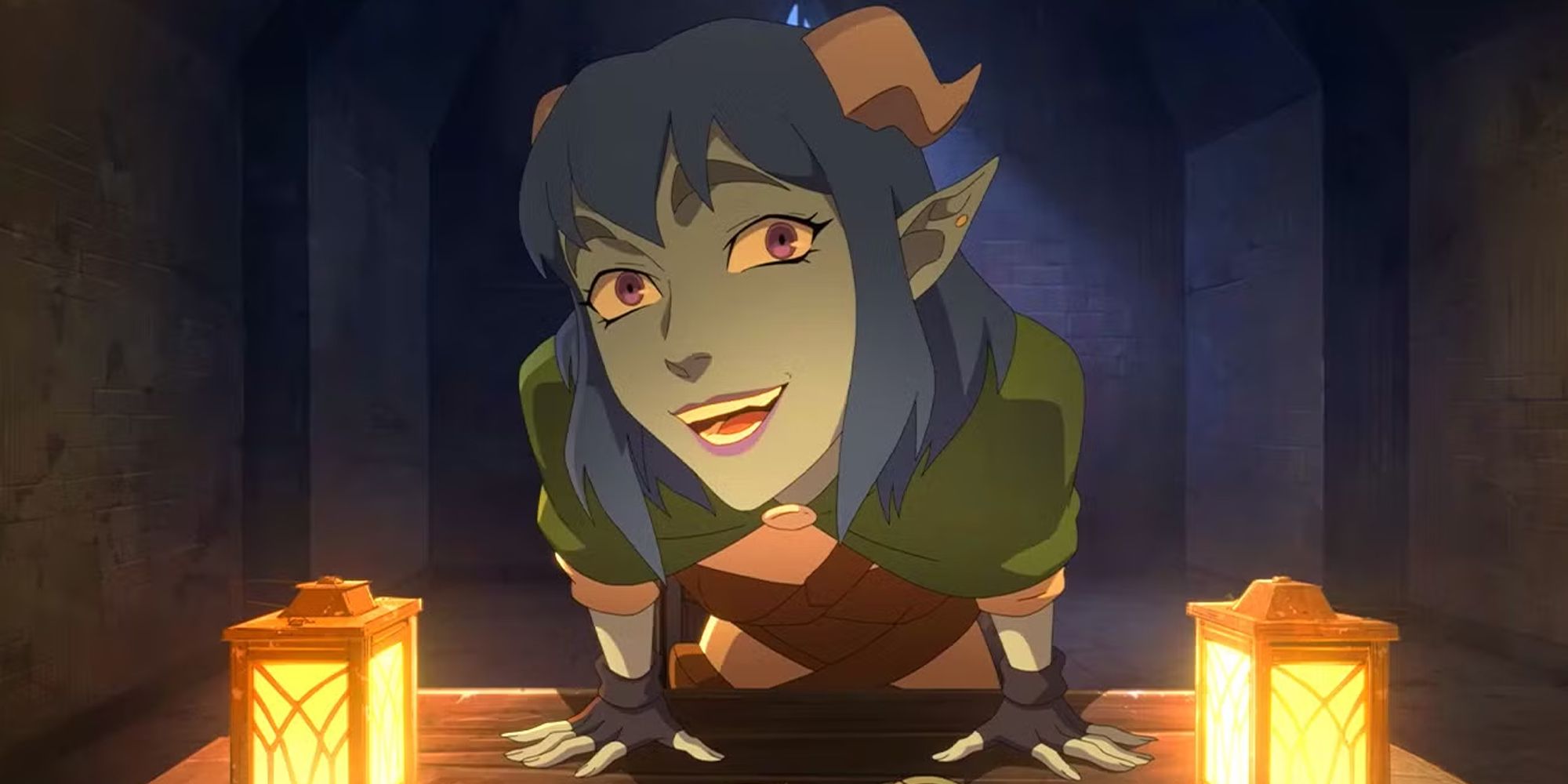 A character from The Mighty Nein leaning on a table and smiling