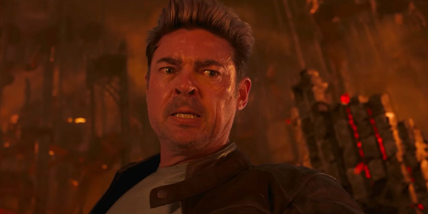 Johnny Cage looking scared in the Netherrealm in Mortal Kombat 2.
