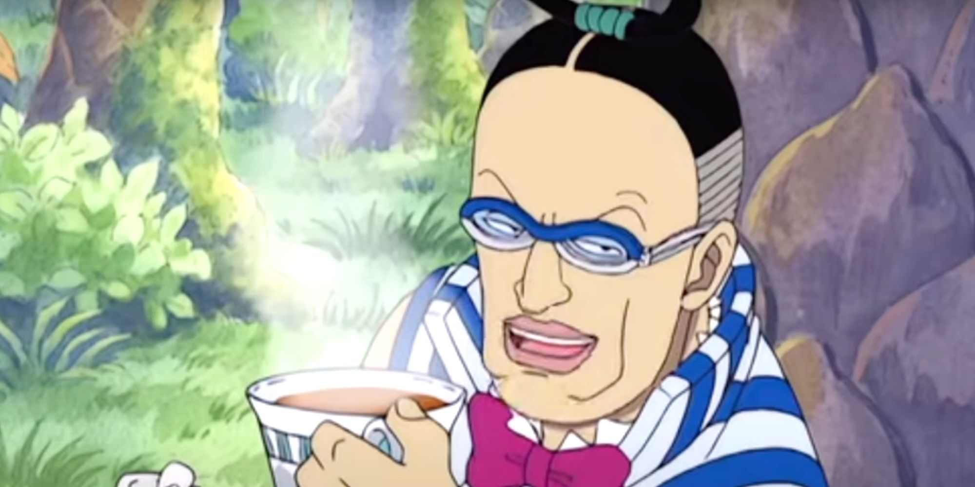 Mr. 3 che beve tè nell'anime di One Piece