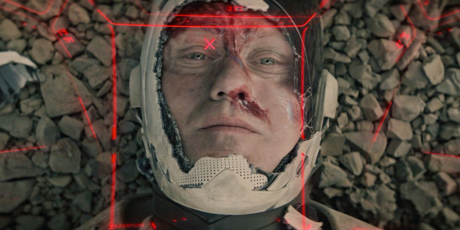 Murderbot (Alexander Skarsgård) with his face bleeding in Murderbot Season 1 Ep 9