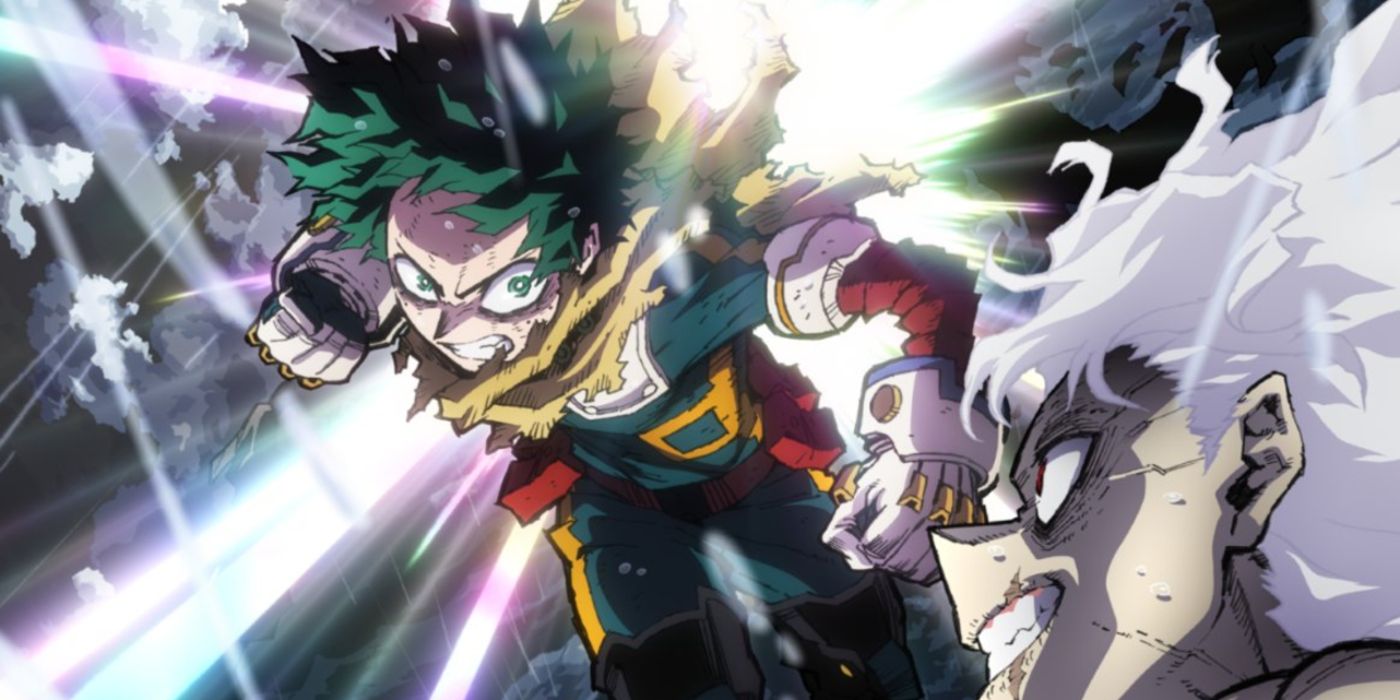 O Deku da minha academia de heróis prepara um soco enquanto Shigaraki sorri ameaçadoramente.