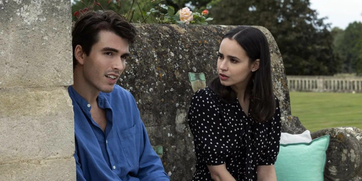 Sofia Carson and Corey Mylchreest sitting outside in My Oxford Year