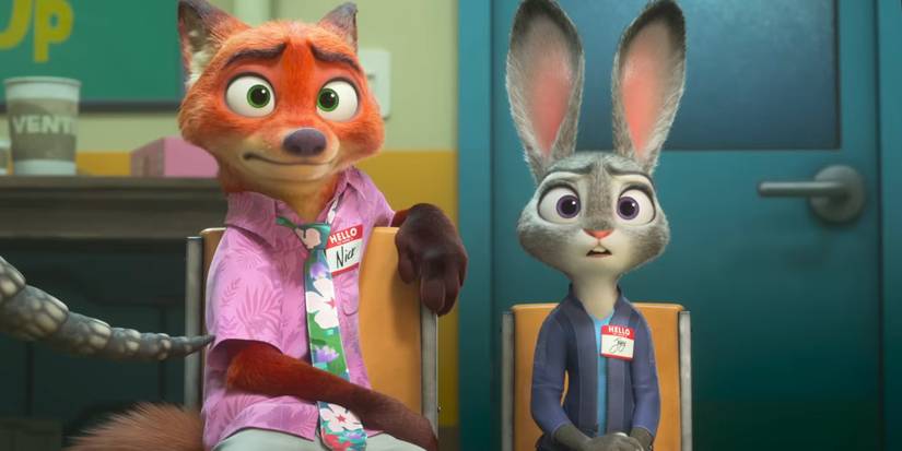 Nick and Judy sitting together in Zootopia 2