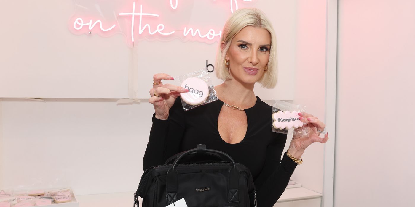 Selling Sunset's Nicole Young holding products in a gifting suite
