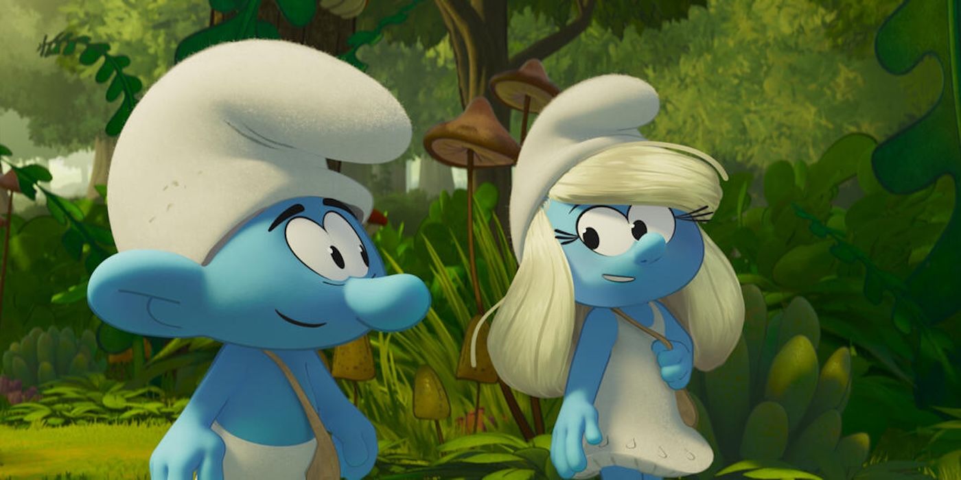 no name and smurfette walking in smurfs