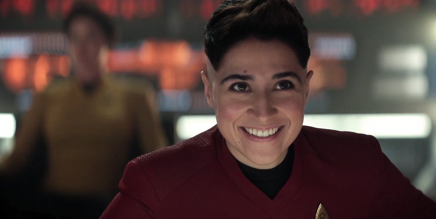 Ortegas grinning in Star Trek: Strange New Worlds