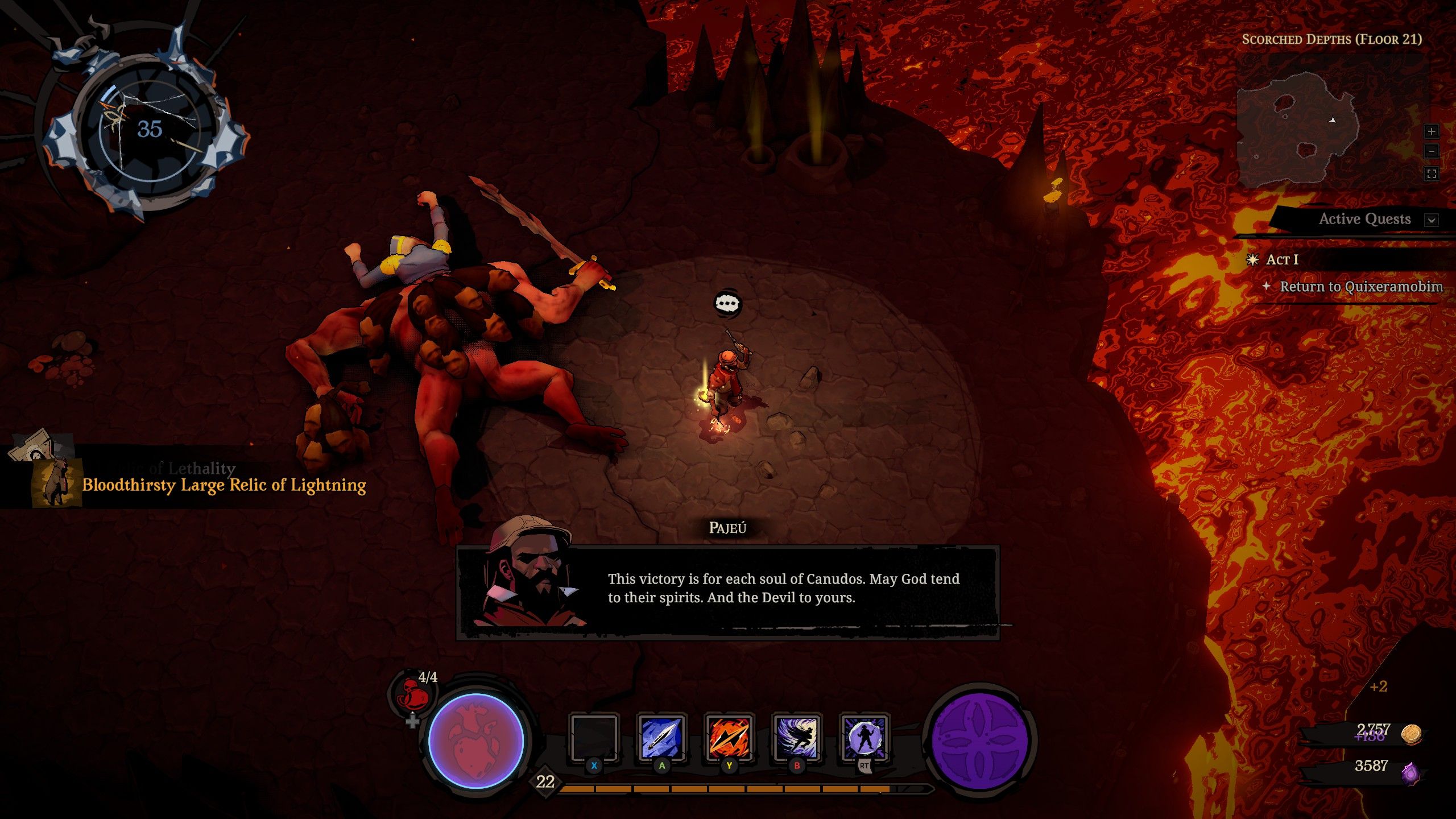 Pajeu defeats a boss and ruminates on a platform surrounded by lava in act one of Hell Clock