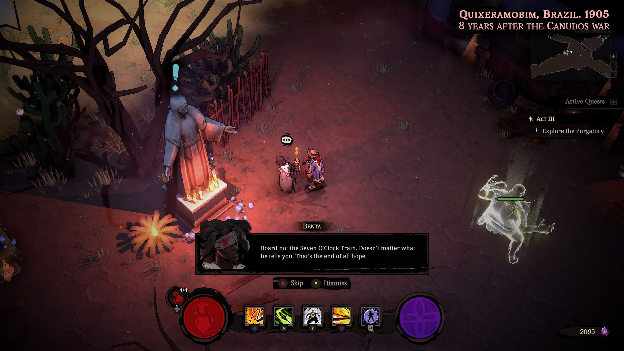 Pajeu speaks with Benta near a statue in the hub town of Quixeramobim in Hell Clock