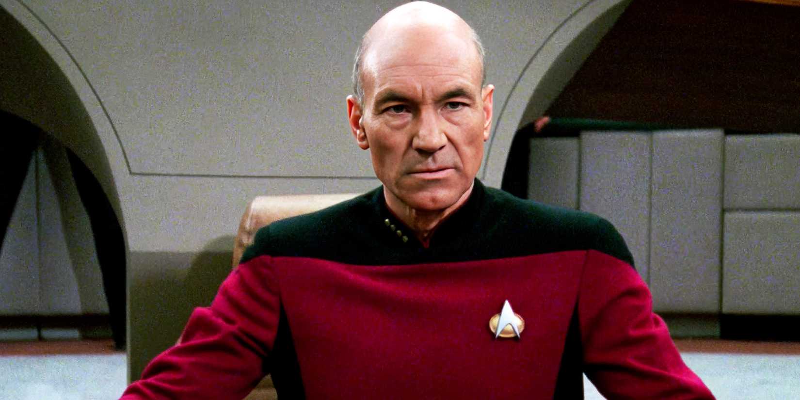 Patrick Stewart looking stern as Captain Picard in Star Trek: The Next Generation