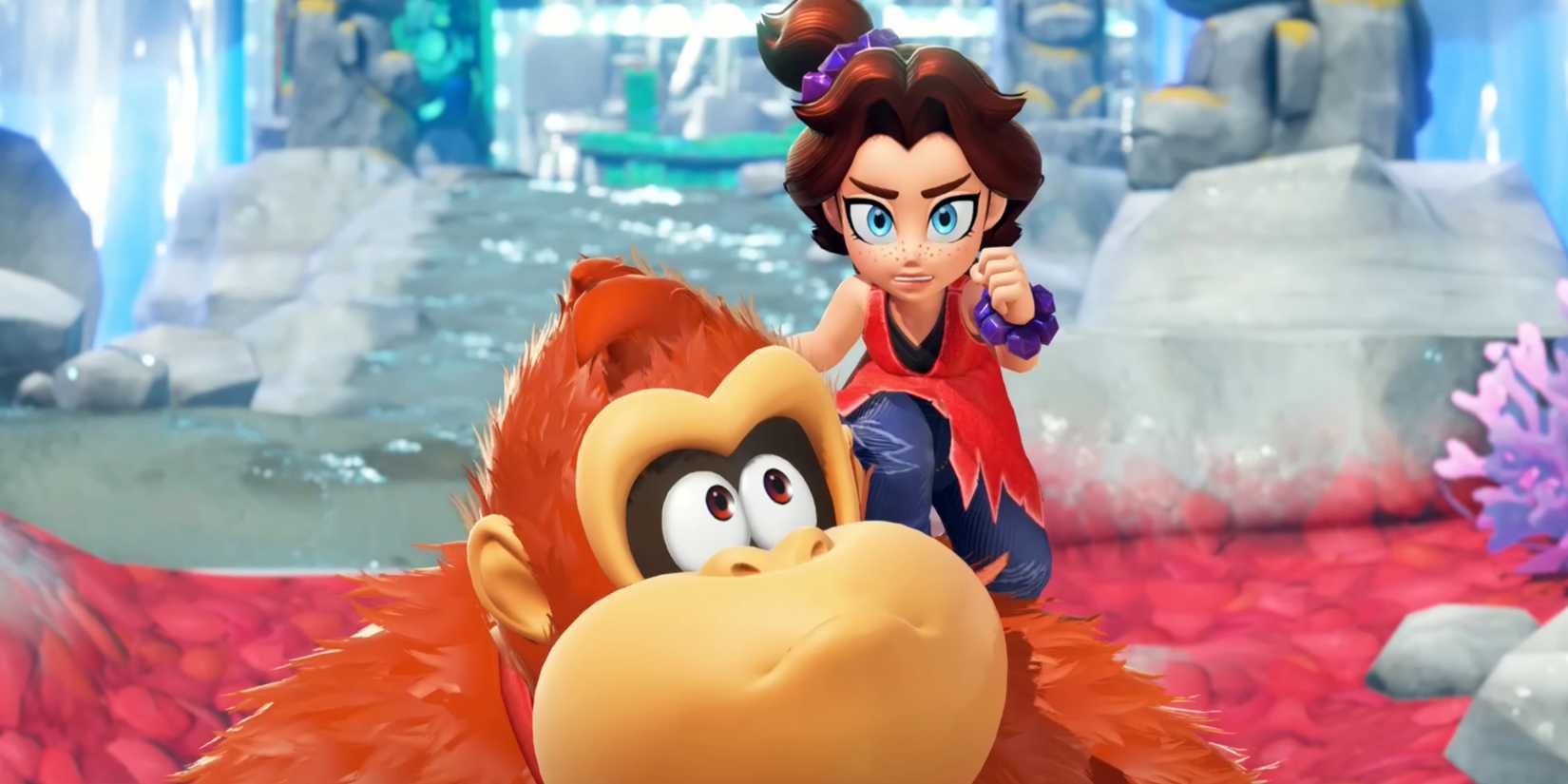 Pauline on DK's shoulder in Donkey Kong Bananza.