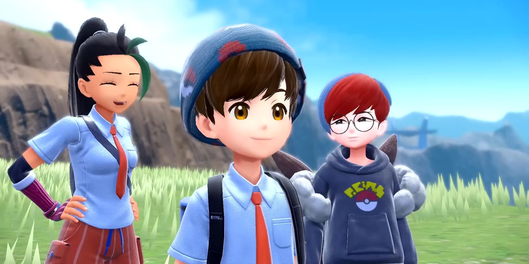 Player, Nemona, and Penny standing together in Pokemon Scarlet and Violet.