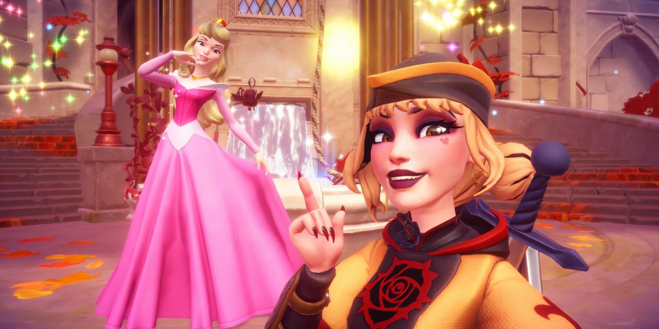 Player pointing to Aurora in Disney Dreamlight Valley