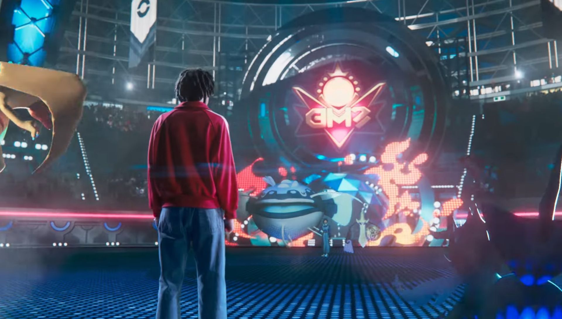 Player standing beside pokemon in a tournament arena in Pokemon Champions