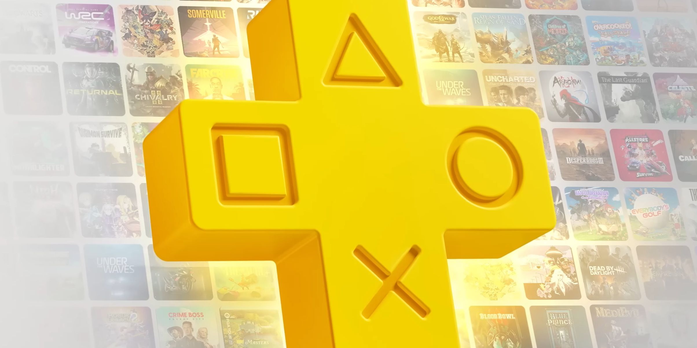 PlayStation Plus gold logo in front of game art grid.