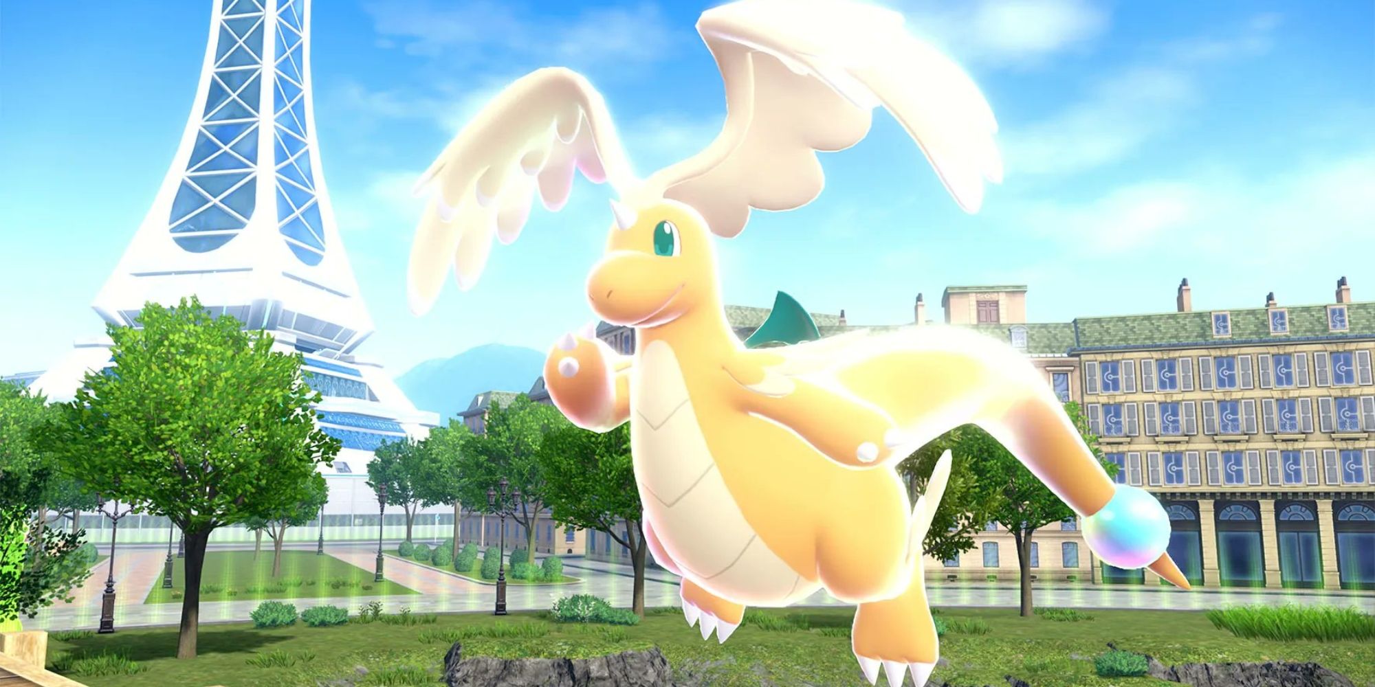 Pokemon Legends Z-A's Mega Dragonite flies in Lumiose City.