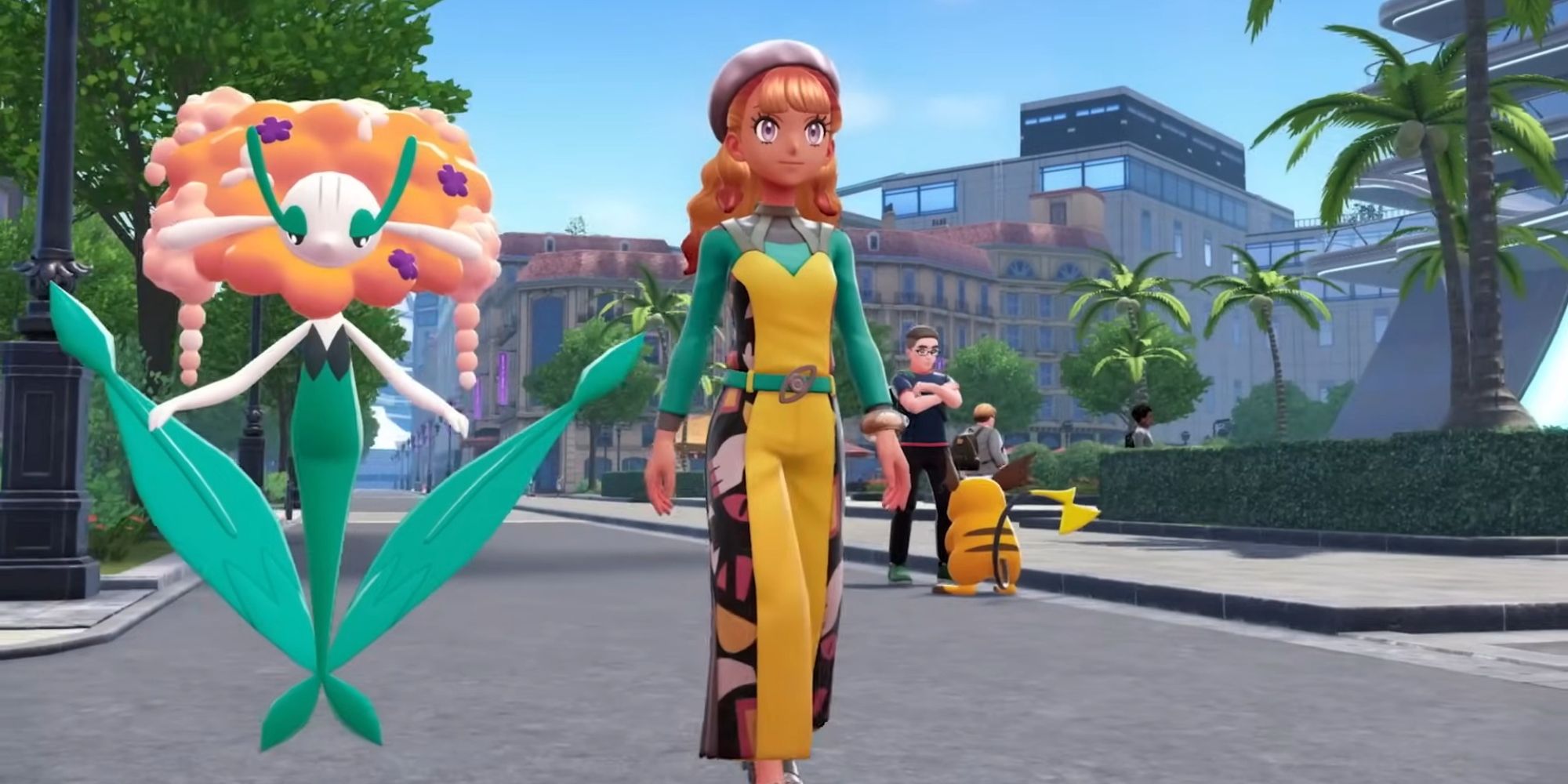 A Pokemon Legends Z-A Trainer walks with Orange Florges in Lumiose City.