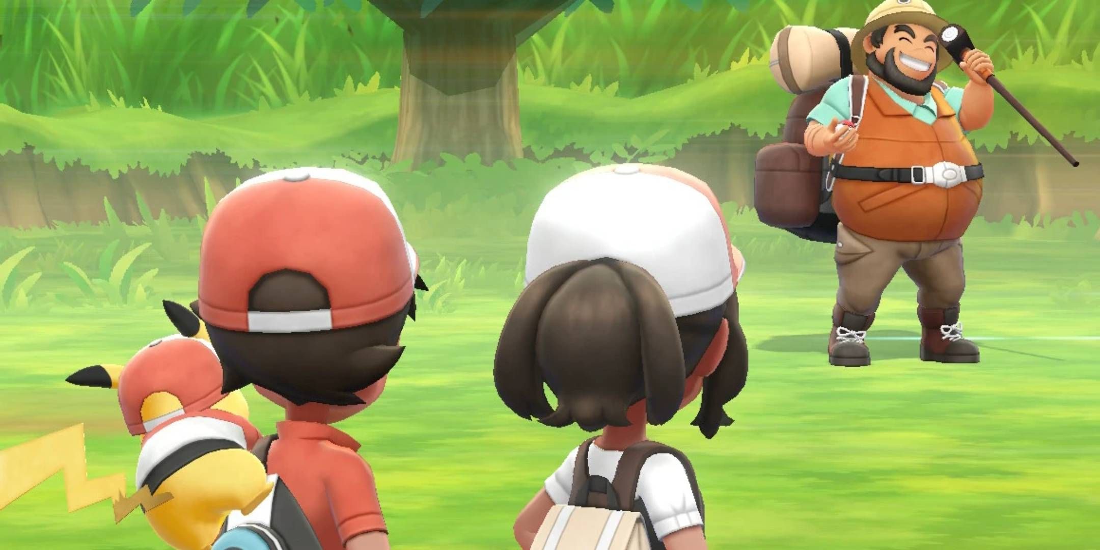Two trainers standing side by side battling an opponent in Pokemon Let's Go Pikachu.