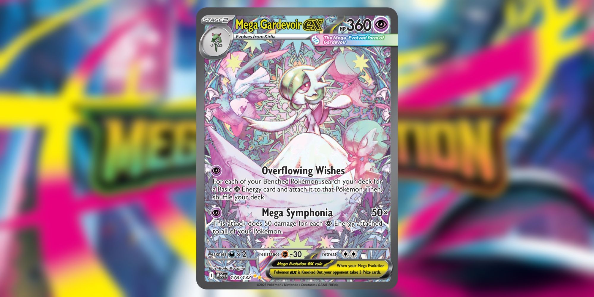 The Mega Gardevoir ex is surrounded by its previous forms of Mega Evolution.