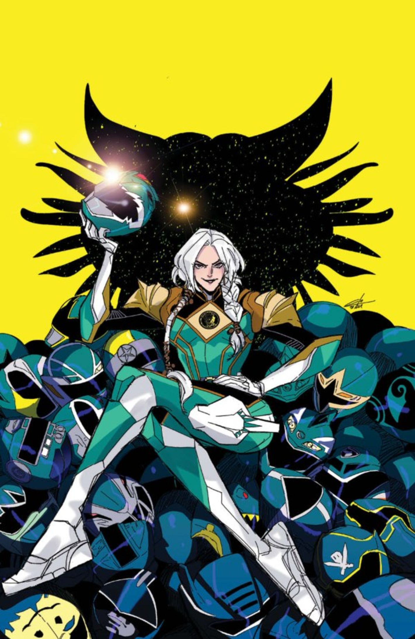 Rita Repulsa come il Green Ranger su un trono circondata da elmi verdi