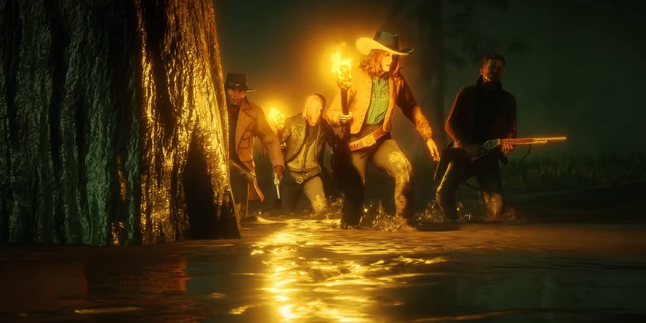A group of Red Dead Redemption Online players walking through a swamp.