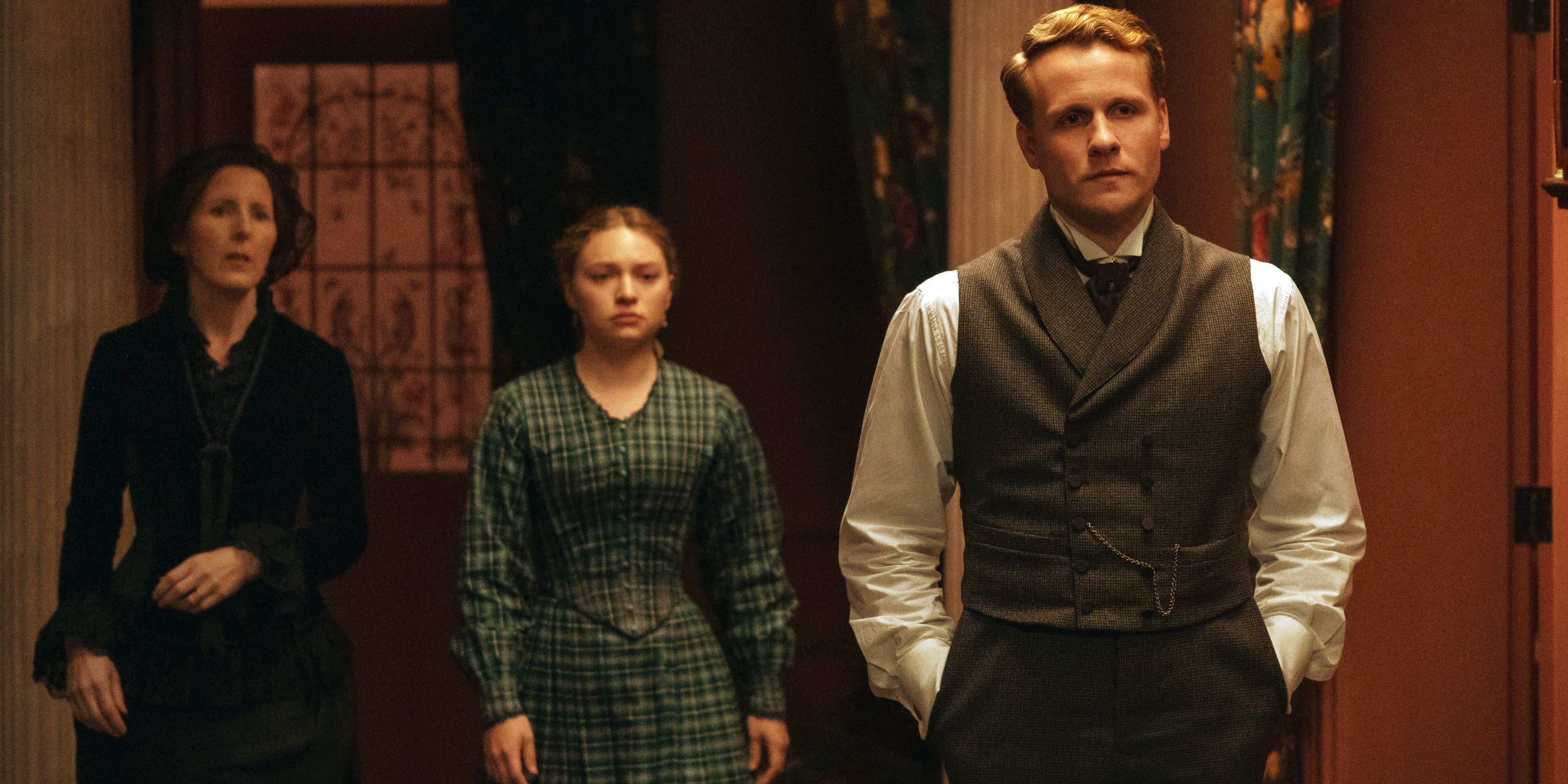 Richard with Honoria and their mother behind him in The Buccaneers season 2 episode 6