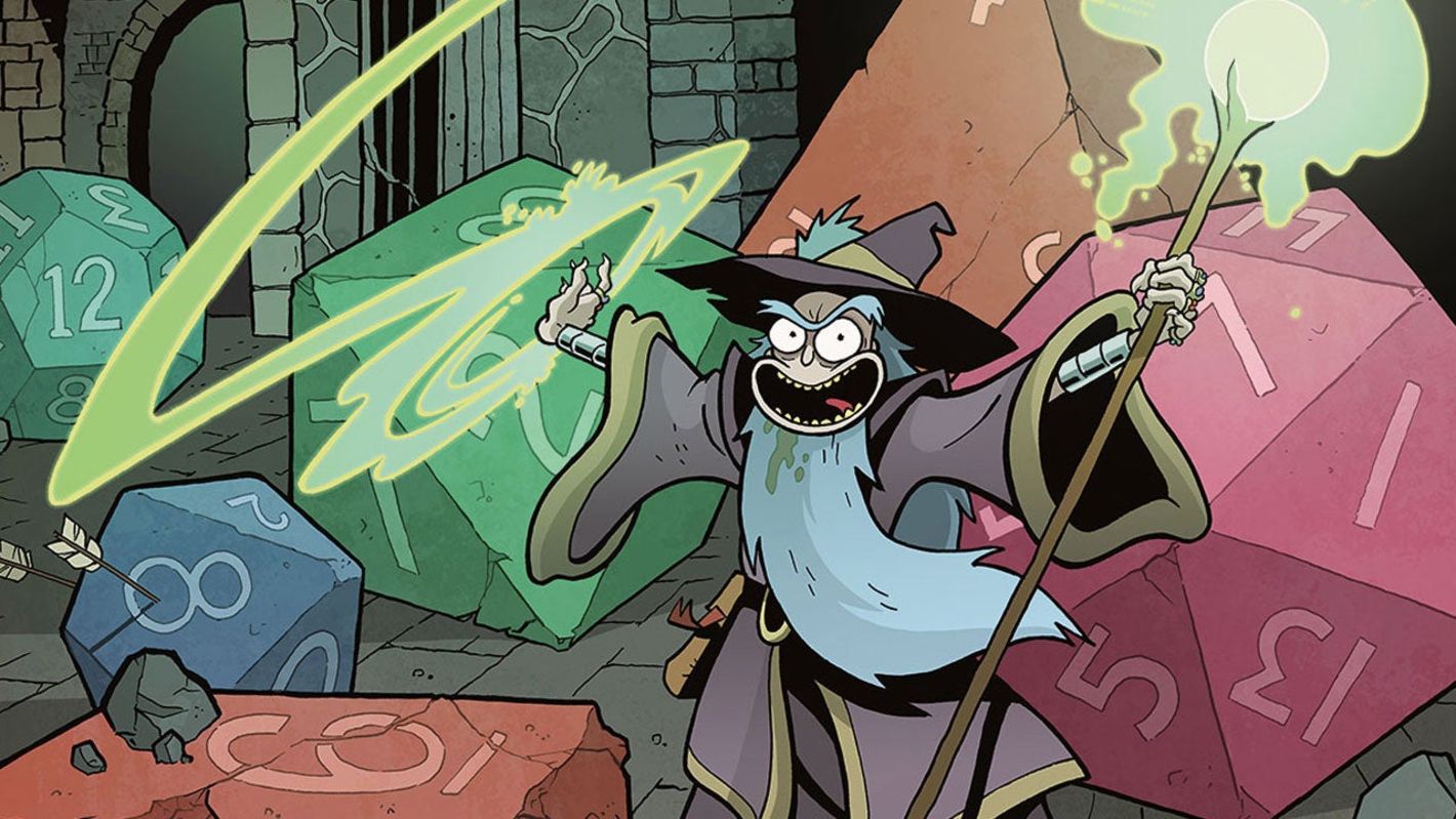 Rick dressed as a wizard surrounded by giant D and D dice
