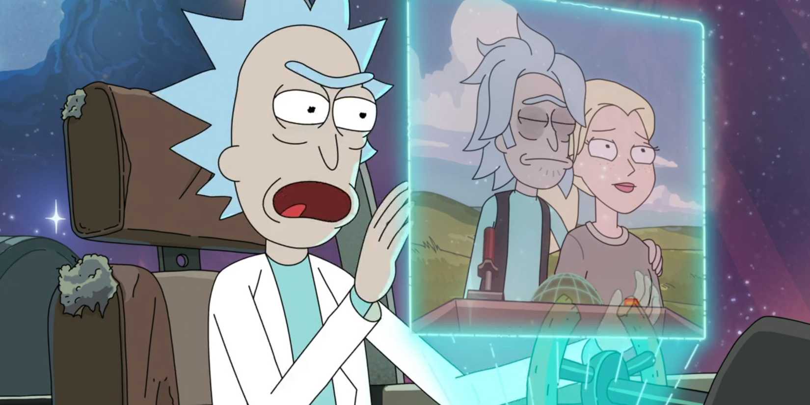 Rick talking to Memory Rick and Memory Diane through a screen in Rick and Morty season 8, episode 10