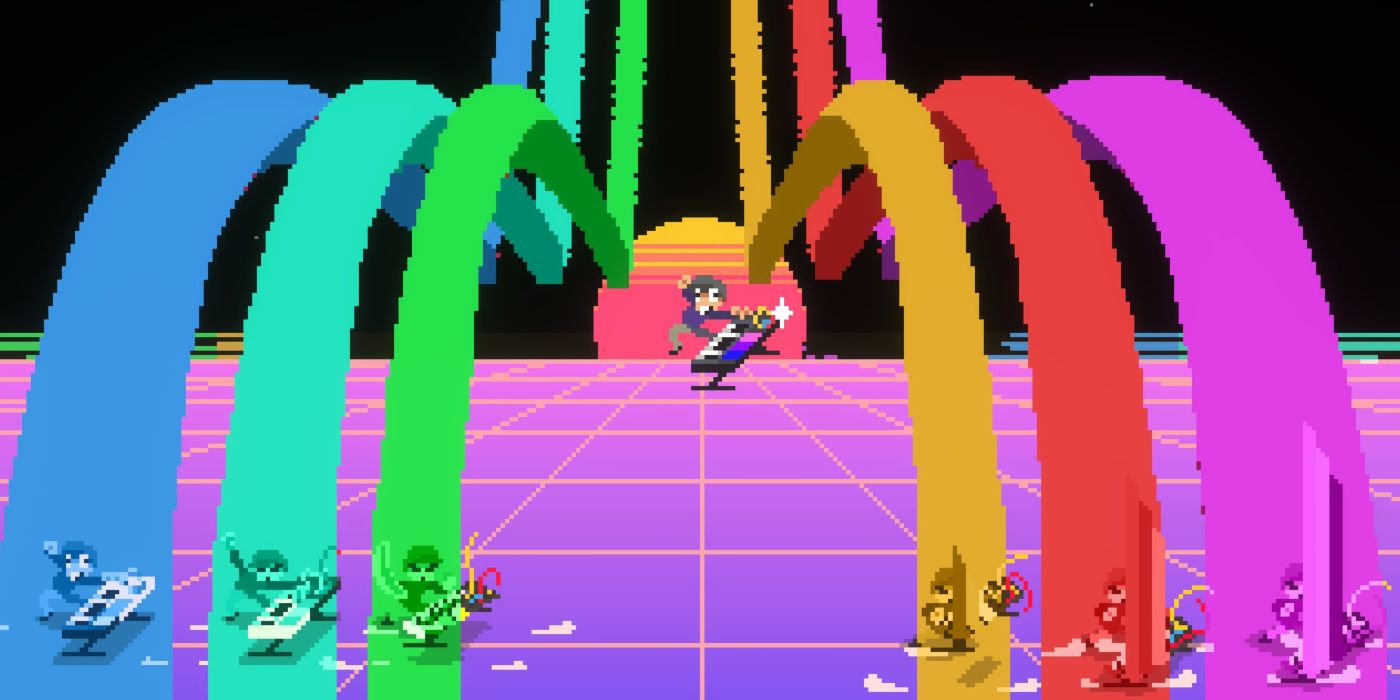 Rob starts up a rainbow-colored QTE Crescendo attack with his synthesizer Fretless - The Wrath of Riffson
