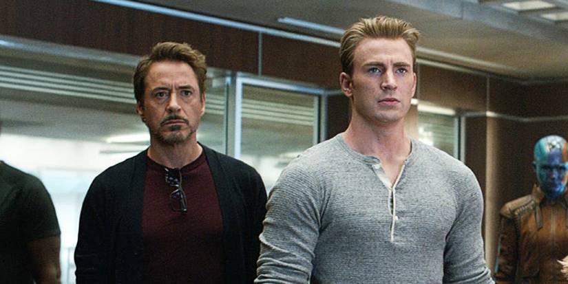 Robert Downey Jr.'s Tony Stark and Chris Evans' Steve Rogers stand together in Avengers Infinity War