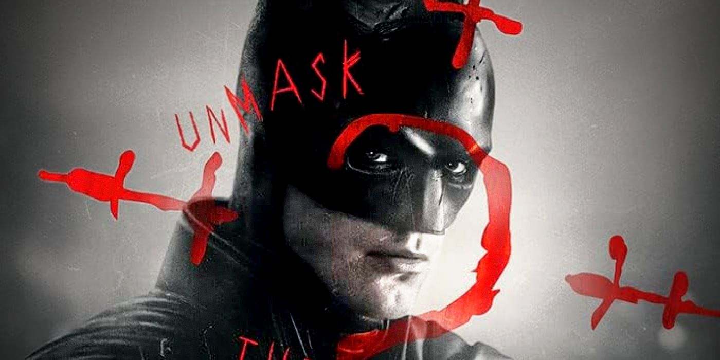 Robert Pattinson's Bruce Wayne looks at a riddle in The Batman Unmask the Truth poster
