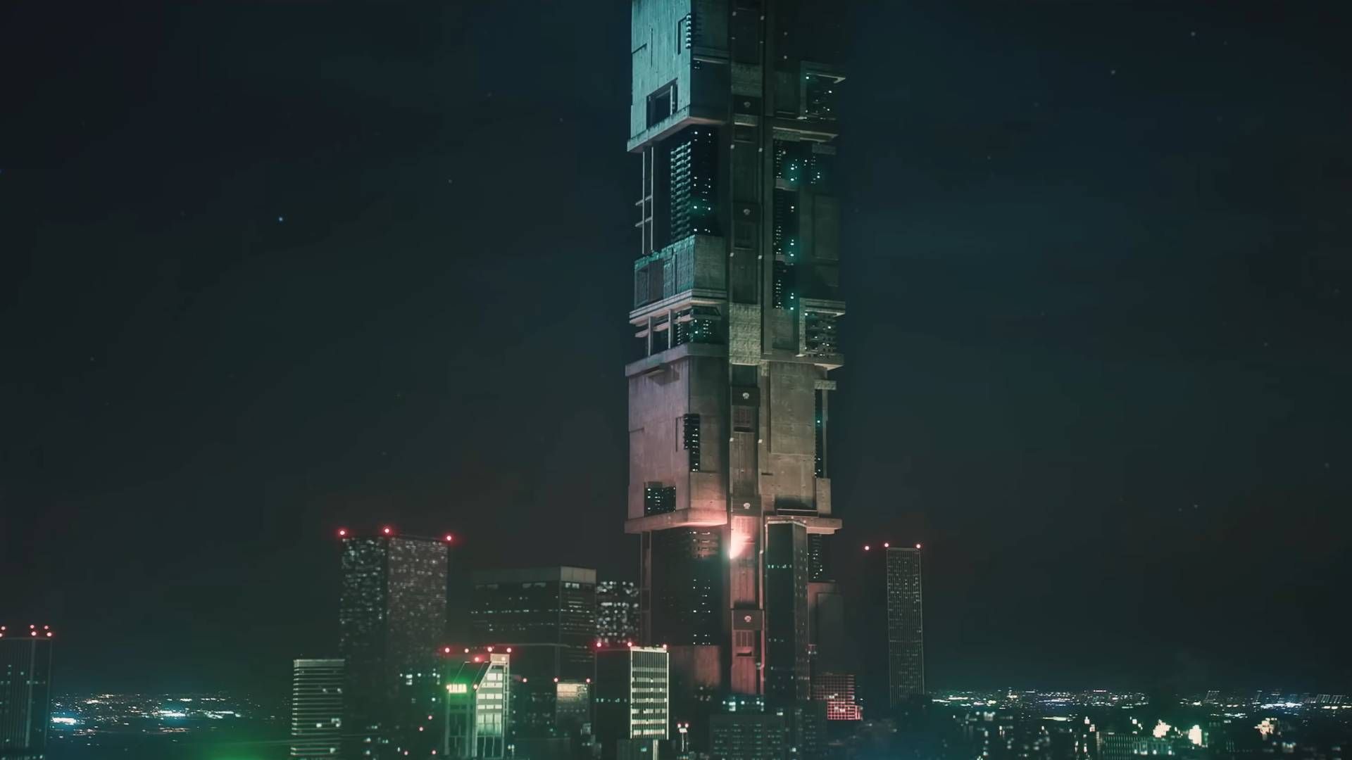 The megastructure from RoboCop: Rogue City - Unfinished Business at night.