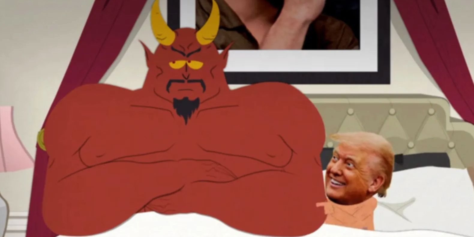 Satan in bed with Donald Trump in South Park Sermon on the Mount