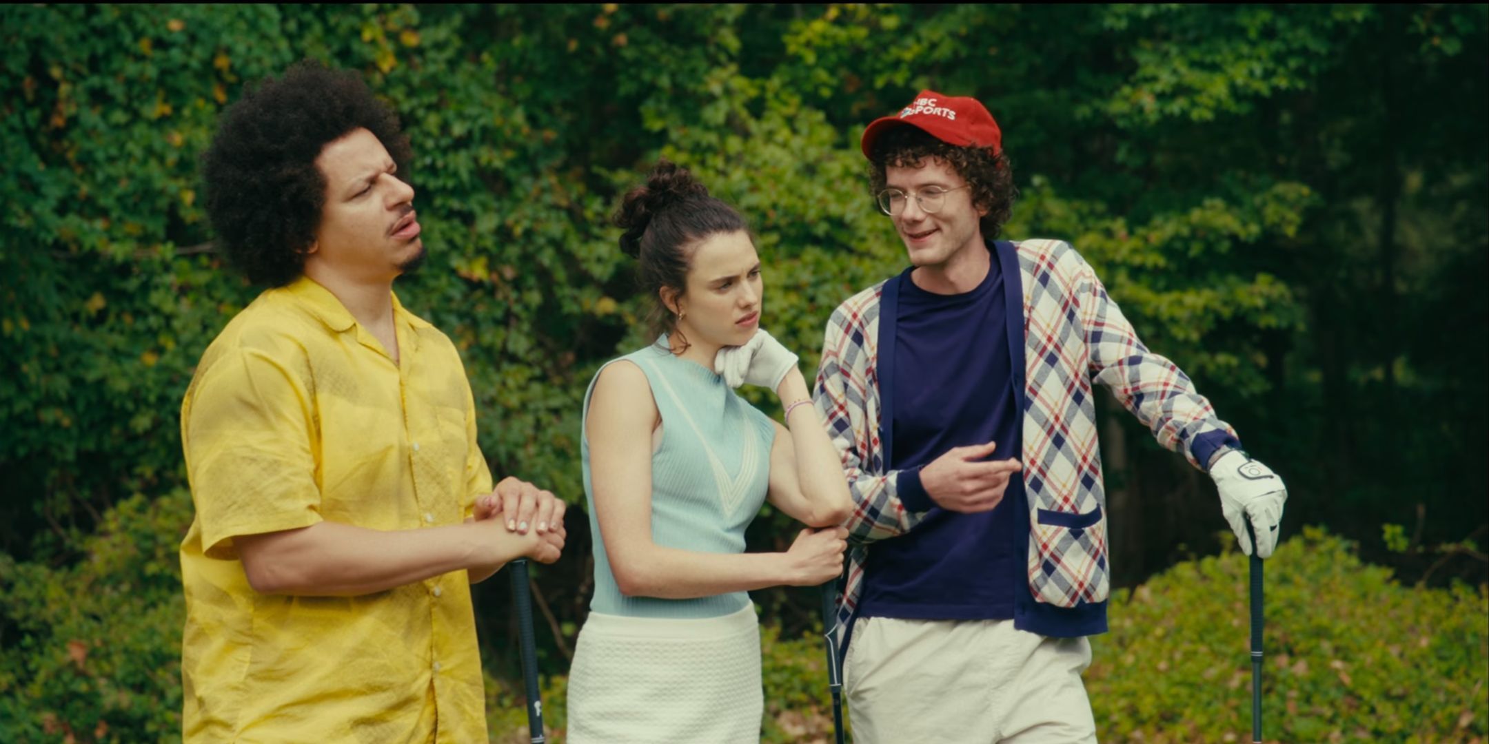 Eric Andre, Margaret Qualley, and Martin Herlihy in Happy Gilmore 2