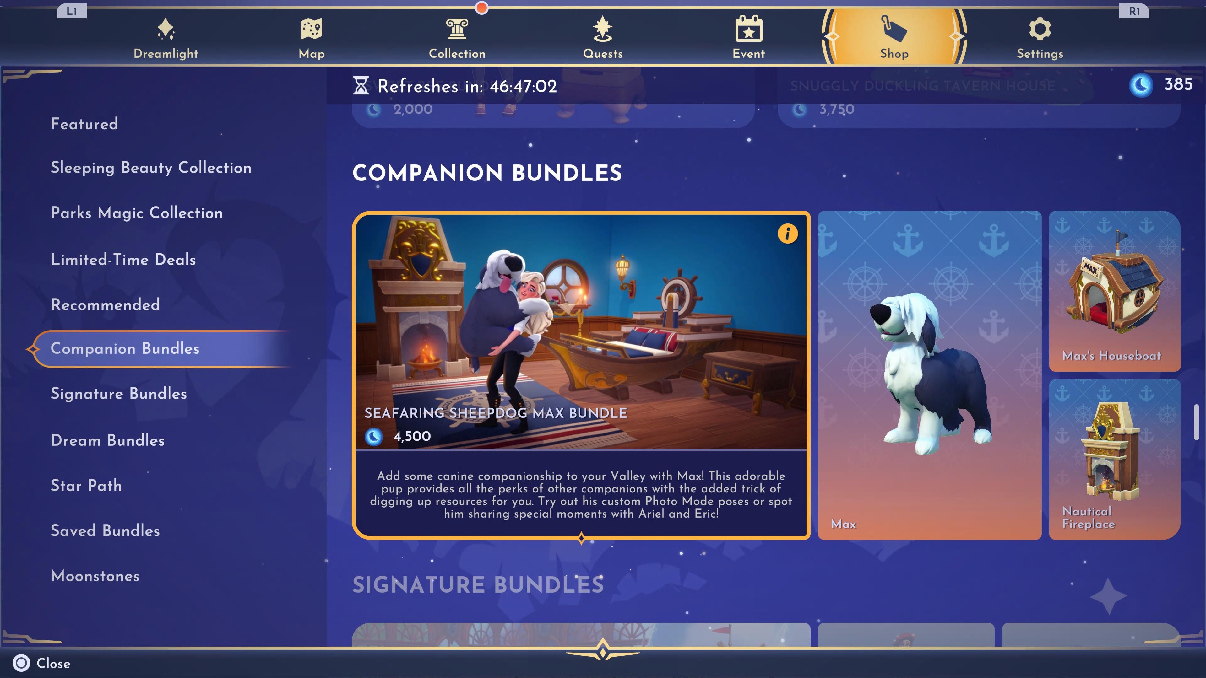 Screenshot of the Max the dog bundle in the Disney Dreamlight Valley premium shop