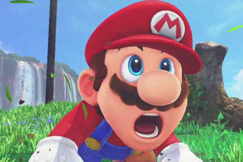 Mario from Mario Odyssey on his knees looking shocked.