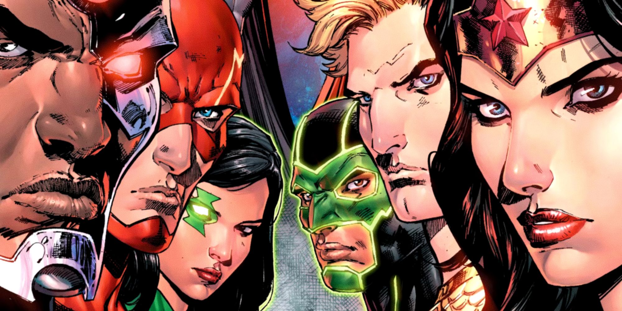 Six Justice League heroes look directly at the camera in DC Comics