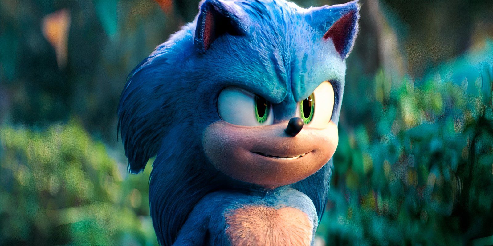Sonic is smiling while in the forest in Sonic the Hedgehog 3