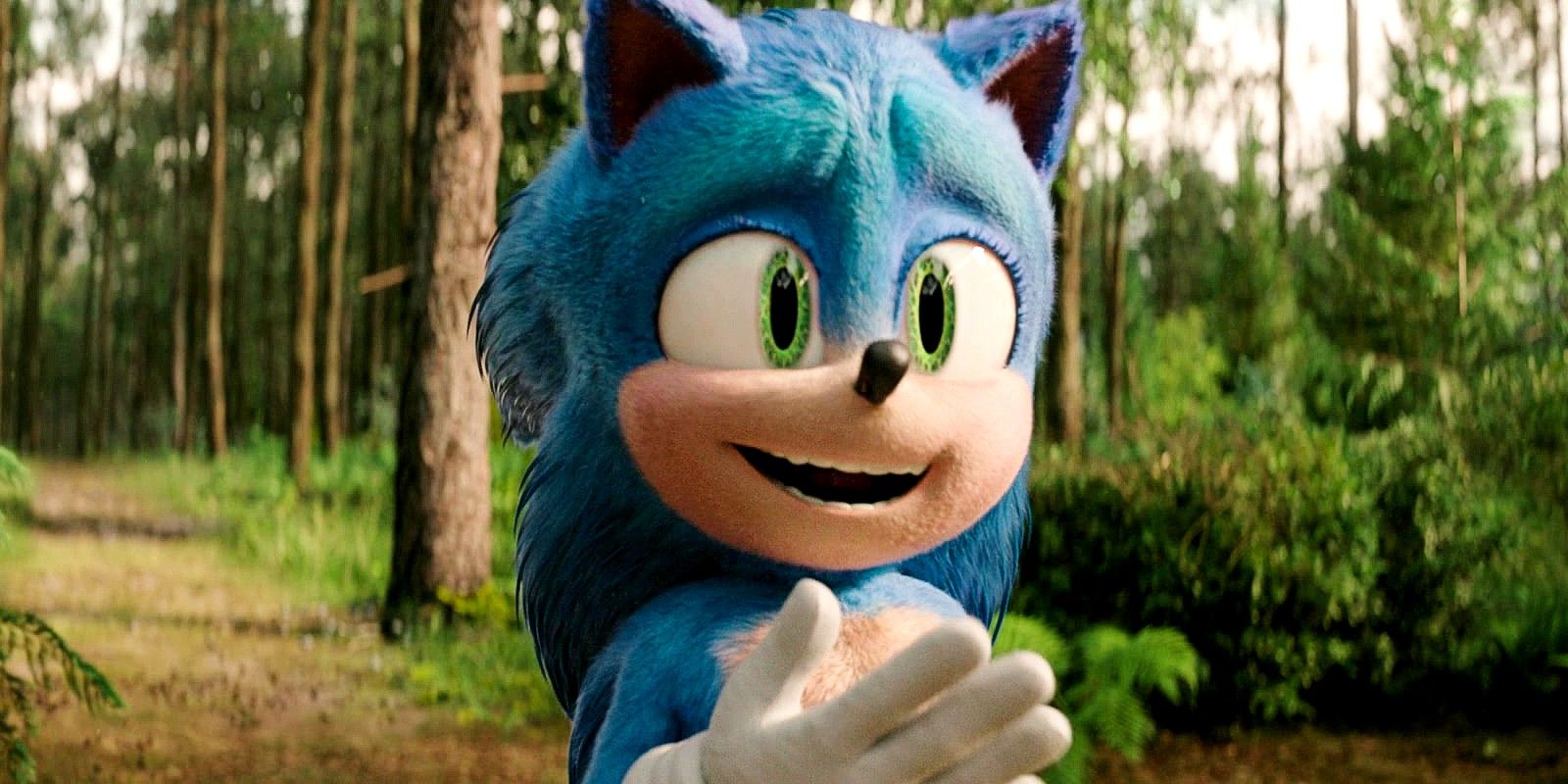 Sonic looking excited in the forest in Sonic the Hedgehog 3