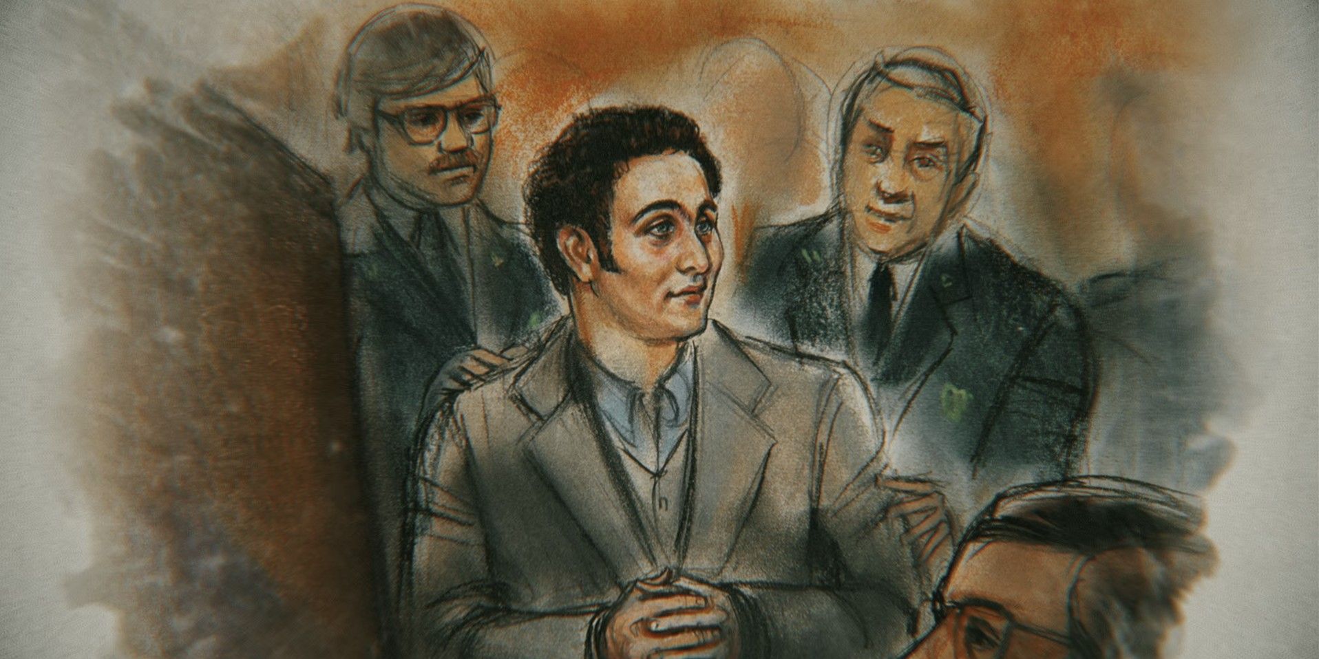 A court drawing of David Berkowitz aka "The Son of Sam" smiling via Conversations with a Killer: The Son of Sam Tapes
