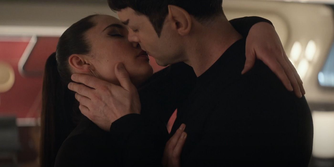 Spock and La'an kiss in Star Trek Strange New Worlds Space Adventure Hour