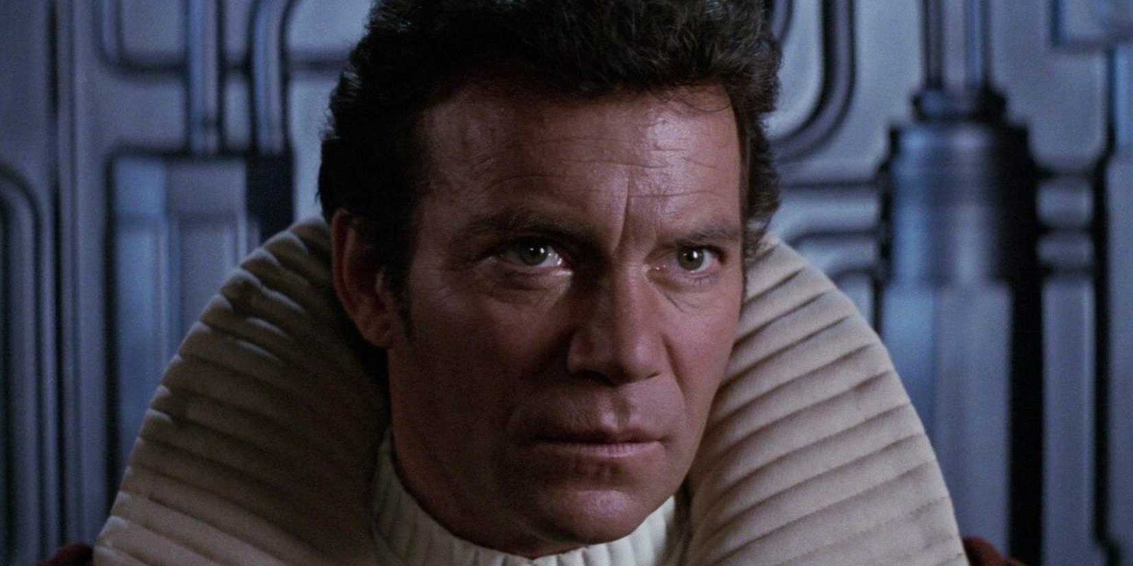 James T. Kirk looks on angrily with a high-collared jacket on in Star Trek II: The Wrath of Khan