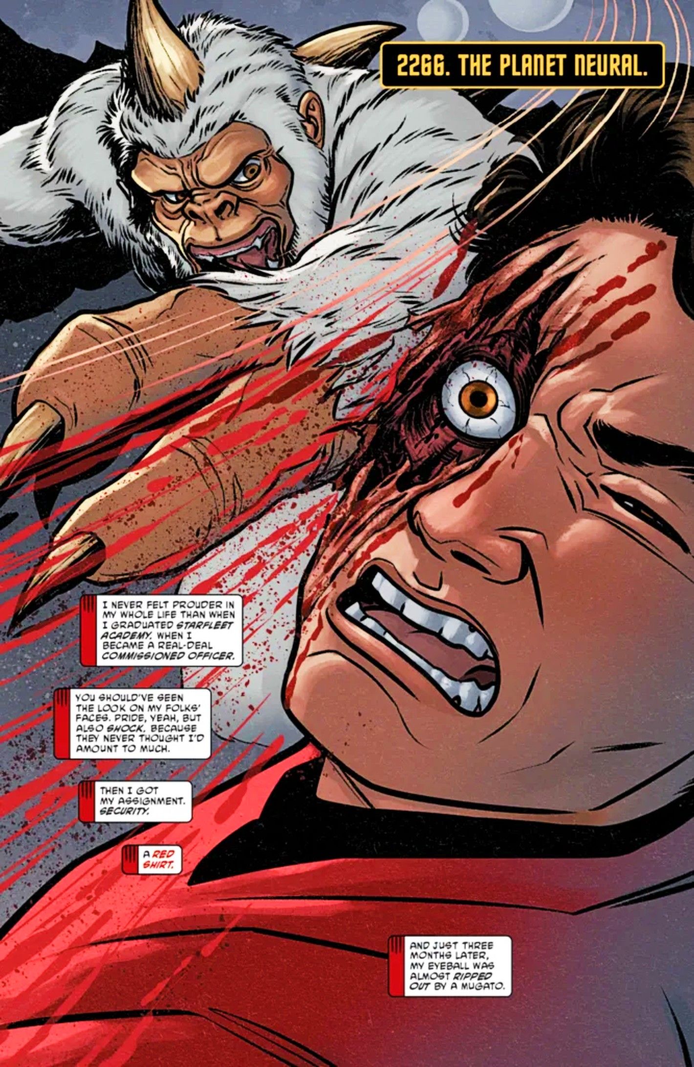 Star Trek Red Shirts #1, a red shirt's face is clawed open by an alien